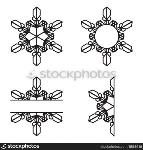 Snowflakes set isolated on white background. Flat winter snow icons, silhouette. Christmas element for fesstive banner, greeting cards. Laser cut ornament. Vector illustration.. Snowflakes set isolated on white background. Flat winter snow icons, silhouette. Christmas element for fesstive banner, greeting cards. Laser cut ornament.