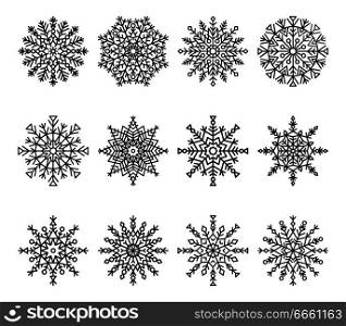 Snowflakes set with frozen items, symmetrical ice crystals made up of lines, circles and triangles, colorless vector illustration isolated on white. Snowflakes Set, Colorless Vector Illustration