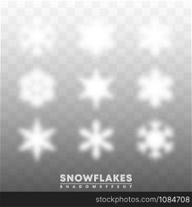 Snowflakes shadow overlay effect on transparent background. Vector illustration.. Snowflakes shadow overlay effect on transparent background. Vector illustration