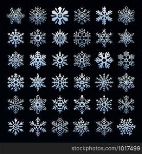 Snowflakes silhouette. Winter snow symbol, xmas ice snowfall and cold snowflake, christmas paper ornament decoration. Freeze ice snow stars shape isolated vector icon set. Snowflakes silhouette. Winter snow symbol, ice snowfall and cold snowflake isolated vector icon set