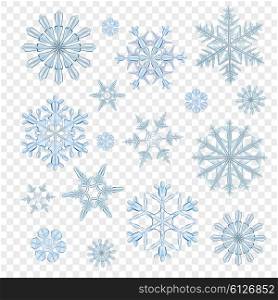 Snowflakes transparent blue. Realistic blue icy snowflakes decorative icons set isolated on transparent background vector illustration