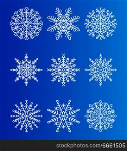 Snowflakes unique ice crystals ornamental patterns of different shapes vector illustration isolated on blue, small parts of snow, snowballs set. Snowflakes Unique Ice Crystals Ornamental Patterns