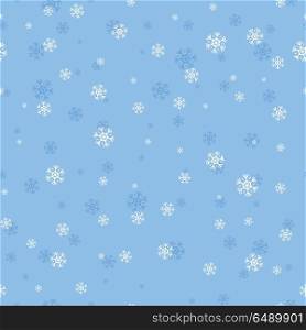 Snowflakes vector seamless pattern. Falling different size snowflakes on blue background. Winter holidays season. For gift wrapping paper, greeting cards, invitations, web pages design. Snowflakes Seamless Pattern Vector in Flat Design. Snowflakes Seamless Pattern Vector in Flat Design