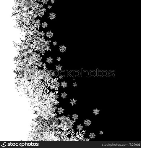 Snowflakes white border silhouette. Left side line. Isolate on black