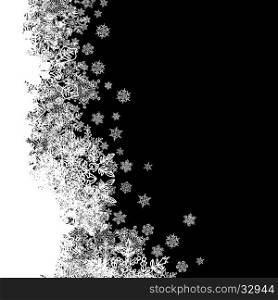 Snowflakes white border silhouette. Left side line. Isolate on black