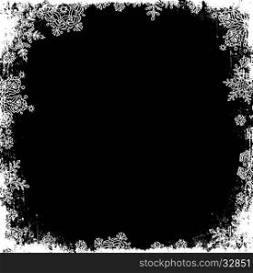Snowflakes white frame silhouette. Center area blank. Isolate on black