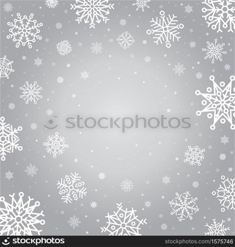 Snowflakes winter background. Holiday silver frost snowflake template, cold falling snowflake crystals vector backdrop illustration. Christmas crystal background, silver graphic abstract xmas. Snowflakes winter background. Holiday silver frost snowflake template, cold falling snowflake crystals vector backdrop illustration