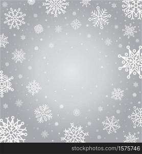 Snowflakes winter background. Holiday silver frost snowflake template, cold falling snowflake crystals vector backdrop illustration. Christmas crystal background, silver graphic abstract xmas. Snowflakes winter background. Holiday silver frost snowflake template, cold falling snowflake crystals vector backdrop illustration