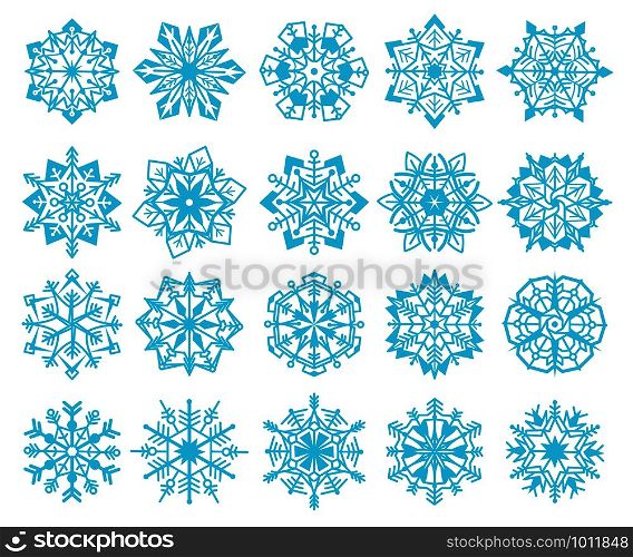 Snowflakes. Winter christmas flake snowflake design set, frozen ornament of snowfall, holiday crystal star, new year vector abstract iced graphics xmas line collection. Snowflakes. Winter christmas flake snowflake design set, frozen ornament of snowfall, holiday crystal star, new year vector collection