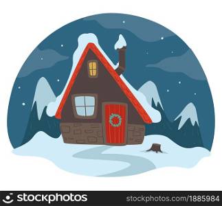 Snowing weather in rural area, house covered with snow. Blizzard in village or countryside. Home with chimney, building in town or city. Real estate property or chalet, dwelling vector in flat. Winter landscape at night, house and snowing weather