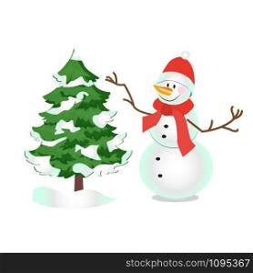 Snowman, a symbol of winter, Christmas, new year and fun holidays. drawn in the style of cartoon for decoration of cards, gifts, posters and parties, vector illustration