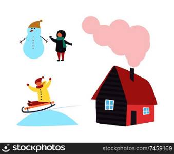Snowman and child, cottage house with chimney, boy sledding in snow vector isolated icons. Cartoon winter characters, children in warm cloth outdoors. Snowman and Child, Cottage House with Chimney Icon