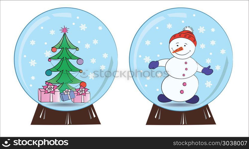 snowman and Christmas tree in a snow globe. Souvenir snowman and Christmas tree in a snow globe, vector illustration. snowman and Christmas tree in a snow globe