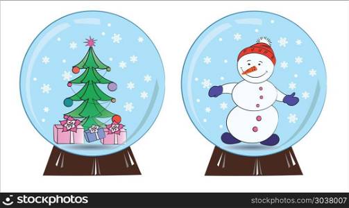 snowman and Christmas tree in a snow globe. Souvenir snowman and Christmas tree in a snow globe, vector illustration. snowman and Christmas tree in a snow globe