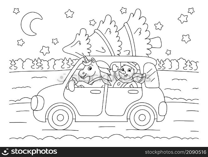 Snowman and unicorn are driving a car for the Christmas holiday. Coloring book page for kids. Cartoon style character. Vector illustration isolated on white background.