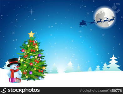 snowman and xmas tree stand on snow while santa claus fly away after send gift to him,vector illustration