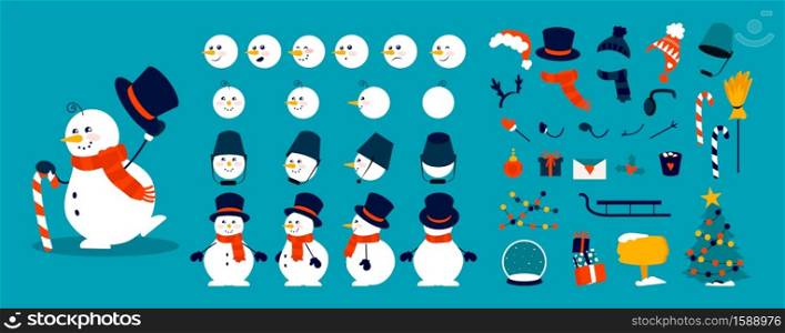Snowman animation kit. Christmas character construction elements, combination of heads, body and arms in different poses. Winter hats, scarves or objects decorating snow figure. Vector celebration set. Snowman animation kit. Christmas construction elements, combinations of heads, body and arms in different poses. Winter hats, scarves and objects decorating snow figures, vector set