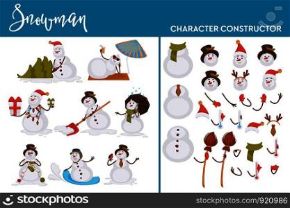 Snowman character construction winter holiday and Christmas design vector man made of balls of snow wearing traditional Santa Claus hat having carrot nose working with shovel presents in hands.. Snowman character construction winter holiday and Christmas design