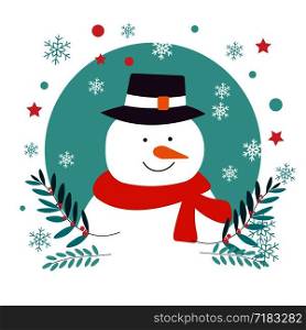Snowman character of Christmas winter holiday and branches with leaves vector. Cold seasonal event, personage with carrot nose, made of snow, wearing knitted scarf and hat. Merry xmas wintertime. Snowman character of Christmas winter holiday and branches