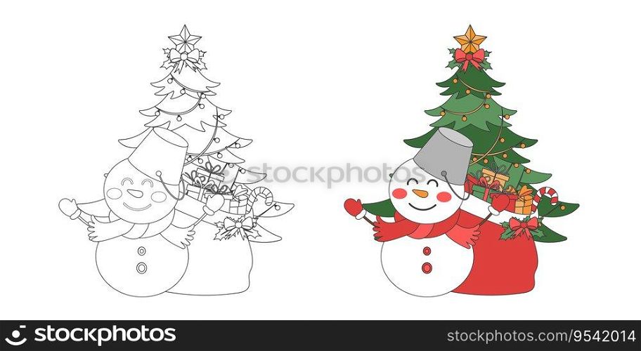 Snowman, Christmas gift bag and Christmas tree, Christmas theme line art doodle cartoon illustration, Coloring book for kids, Merry Christmas.