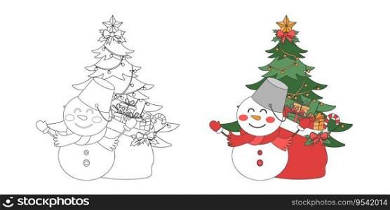 Snowman, Christmas gift bag and Christmas tree, Christmas theme line art doodle cartoon illustration, Coloring book for kids, Merry Christmas.