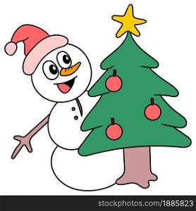 snowman hiding behind the christmas tree. vector illustration of cartoon doodle sticker draw