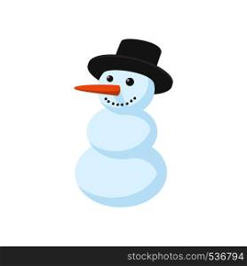 Snowman icon in cartoon style isolated on white background. Snowman in black hat and a carrot instead of nose. Snowman icon, cartoon style