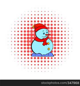 Snowman icon in comics style on dotted background. Winter symbol. Snowman icon, comics style
