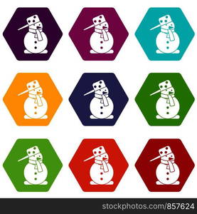 Snowman icon set many color hexahedron isolated on white vector illustration. Snowman icon set color hexahedron