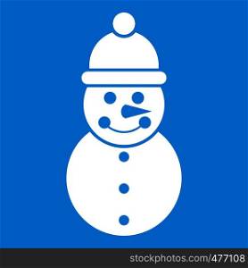 Snowman icon white isolated on blue background vector illustration. Snowman icon white