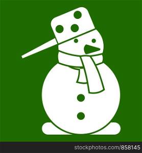 Snowman icon white isolated on green background. Vector illustration. Snowman icon green