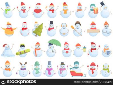 Snowman icons set cartoon vector. Xmas ice. Winter scarf. Snowman icons set cartoon vector. Xmas ice