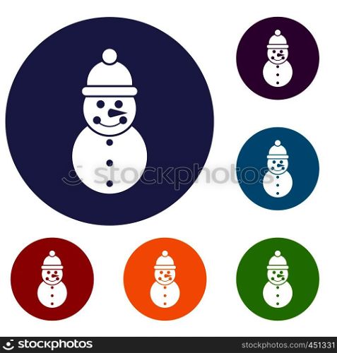Snowman icons set in flat circle reb, blue and green color for web. Snowman icons set
