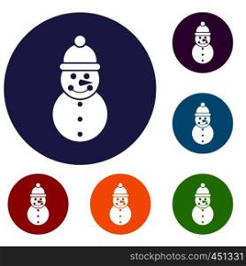 Snowman icons set in flat circle reb, blue and green color for web. Snowman icons set