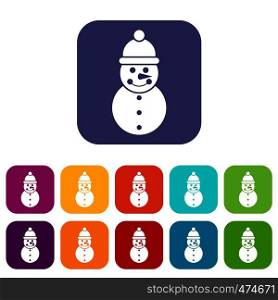 Snowman icons set vector illustration in flat style In colors red, blue, green and other. Snowman icons set