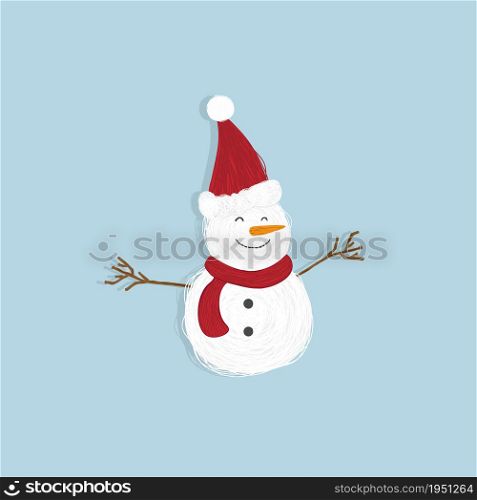 Snowman in a red hat and with a scarf on a blue background. New Year&rsquo;s holiday symbol.