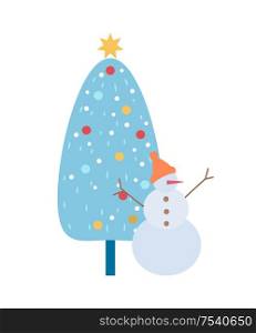 Snowman in hat with carrot nose and branch hands rising up and button, standing near fir-tree. Decoration big Christmas wood with balls and star vector. Papercard with Snowman and Christmas Tree Vector