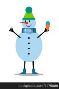 Snowman in winter hat and scarf, with buttons on belly holds ice cream in waffle cone isolated cartoon flat vector illustration on white background.. Snowman in Winter Hat and Scarf Holds Ice Cream
