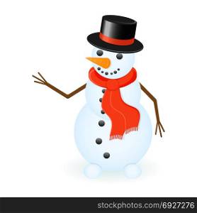 Snowman Isolated on white. Vector illustration of snowman wearing red scarf and top hat isolated on white background. Smiling winter character.
