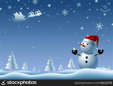 Snowman looking at santa clause at winter christmas background vector illustration