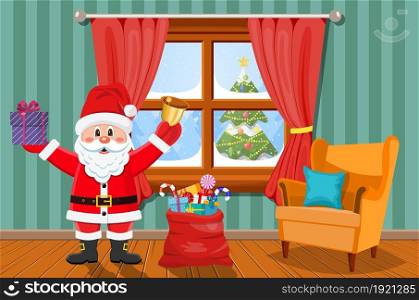 Snowman looks in living room window. Happy Santa Claus with presents and bell. Happy new year decoration. Merry christmas holiday. New year and xmas celebration. Vector illustration flat style .. Santa in room with christmas tree and gifts.