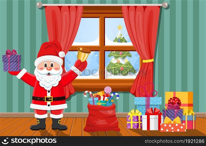 Snowman looks in living room window. Happy Santa Claus with presents and bell. Happy new year decoration. Merry christmas holiday. New year and xmas celebration. Vector illustration flat style .. Santa in room with christmas tree and gifts.
