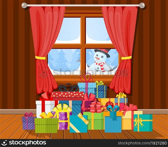 Snowman looks in living room window. Interior of room with gifts. Happy new year decoration. Merry christmas holiday. New year and xmas celebration. Vector illustration flat style .. Snowman looks in living room window.