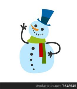 Snowman male, in warm winter scarf and high hat wave hand and greets everyone. Smiling cartoon wintertime characters, Christmas postcard isolated vector. Snowman Male, in Warm Winter Scarf and High Hat