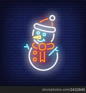 Snowman night bright sign element. Winter concept for neon festive design. Vector illustration in neon style for Christmas, New Year, holiday