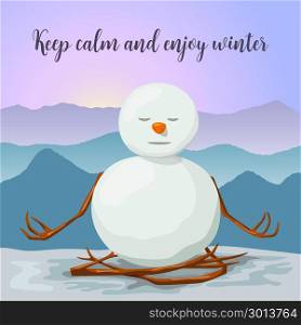 Snowman peaceful and relaxed. yoga lotus posture. Sunrise in winter mountains. Snowman peaceful and relaxed. yoga lotus posture. Sunrise in the mountains. Cross Legged. Can use for greeting cards, merry christmas and new year invitations, posters, winter decoration, close eyed.
