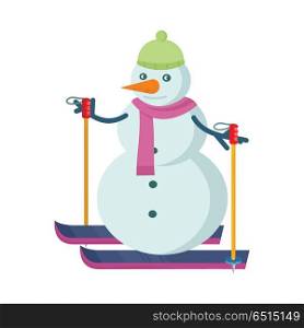 Snowman Skiing in Green Hat and Pink Scarf. Snowman skiing in green hat and pink scarf isolated on white. Winter holidays concept design. Cartoon character having recreation. Winter sport activities. Xmas wonderland. Vector illustration
