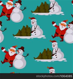 Snowman sunbathing vector seamless pattern of winter character wearing hat with mistletoe knitting and playing with bullfinch bird funny balls of snow with juice. Snowman sunbathing vector seamless pattern of winter character wearing hat