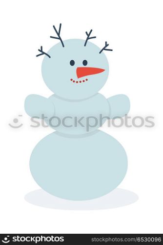 Snowman Vector Illustration. Christmas Concept.. Snowman vector illustration. Snowman made with three balls of snow with branches in head, carrot nose and hands. Snowy entertainments. Celebrating winter holidays. New Year and Christmas concept.