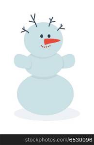 Snowman Vector Illustration. Christmas Concept.. Snowman vector illustration. Snowman made with three balls of snow with branches in head, carrot nose and hands. Snowy entertainments. Celebrating winter holidays. New Year and Christmas concept.